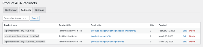 Saved WooCommerce product redirect rules showing old URLs, destinations, and hit counts