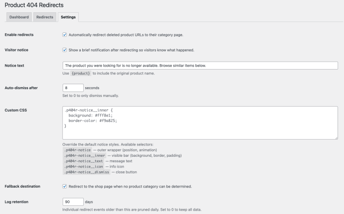 Product 404 Redirects settings in WooCommerce with visitor notice, shop fallback, and log retention options