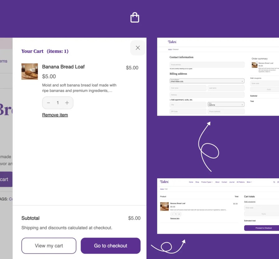 Bakeri Mini-cart drawer, Cart Page and Checkout page