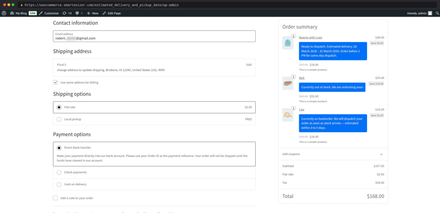 Estimated delivery message on checkout page