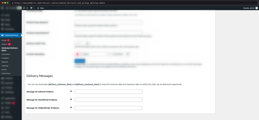Set custom message for estimated order delivery date and time for different stock status