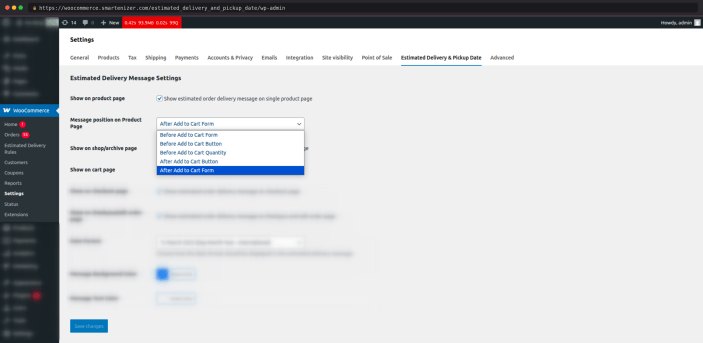 Position of estimated delivery message on product page
