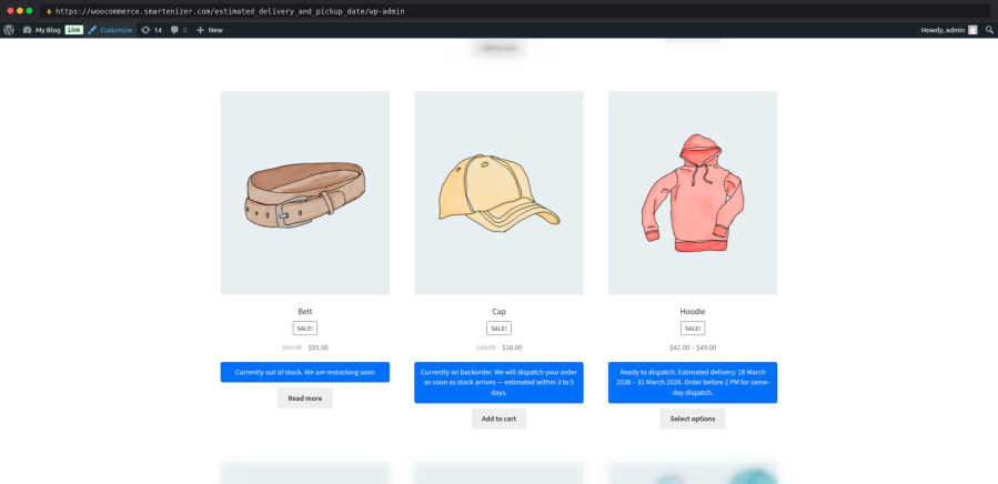 Show estimated delivery message on shop page for different stock status