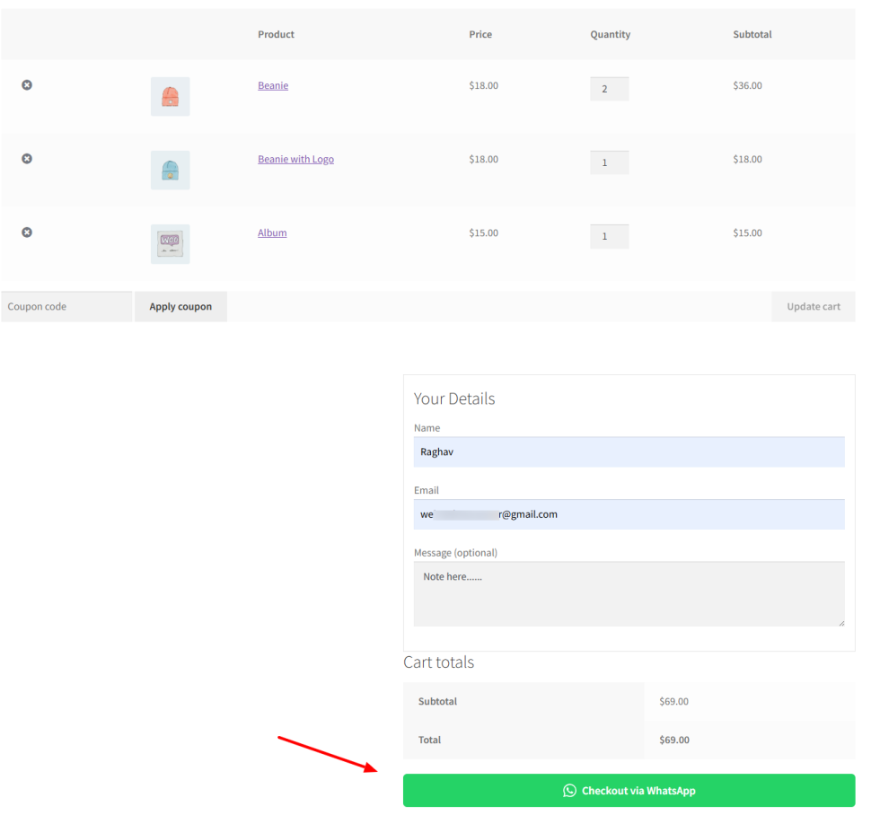 order via whatsapp button on checkout page