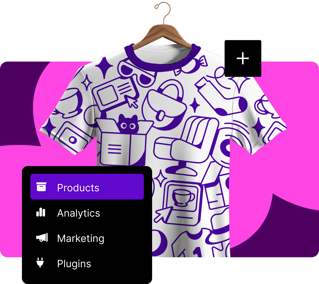 A product photo of a t-shirt with a UI menu that has menu items with icons for Products, Analytics, Marketing, and Plugins