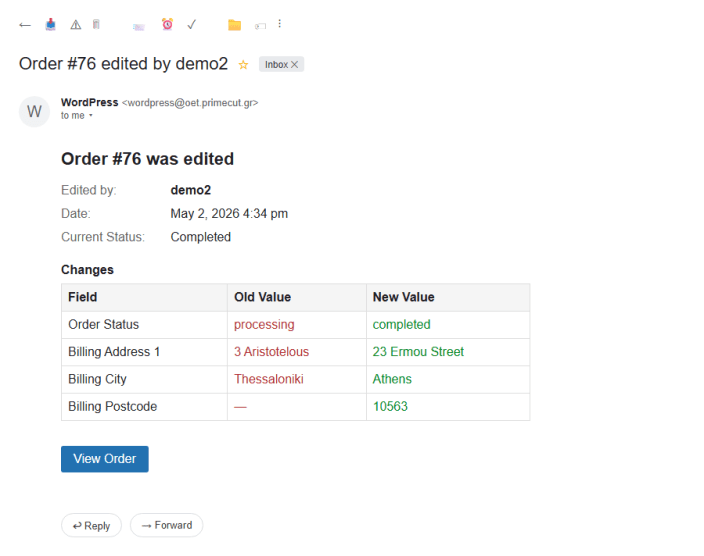 Sample notification email with field-level changes