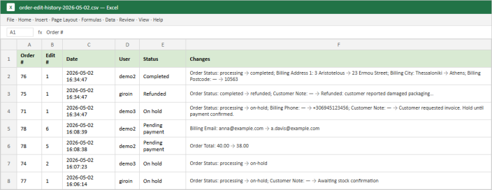 CSV export with field-level changes