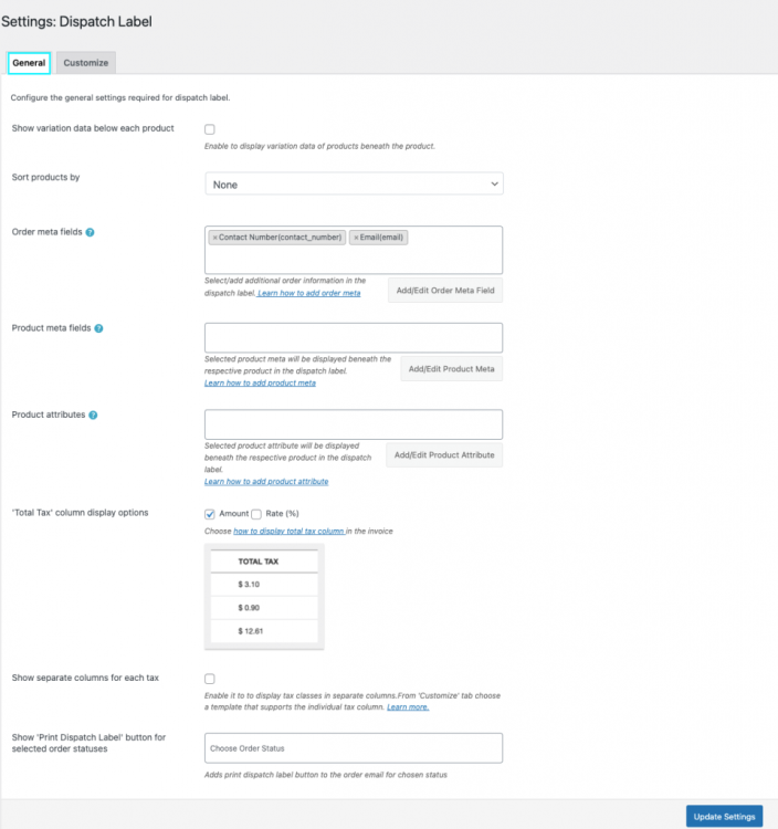 WooCommerce Invoice/Pack Slip-Dispatch Label General Settings