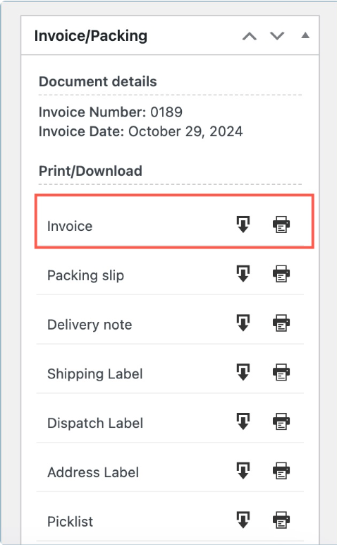 Print and download invoice buttons
