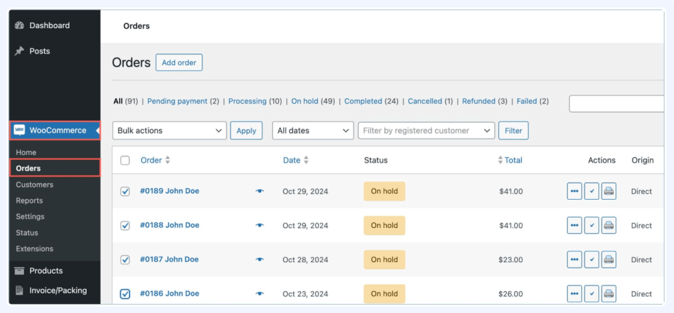 WooCommerce orders listing page