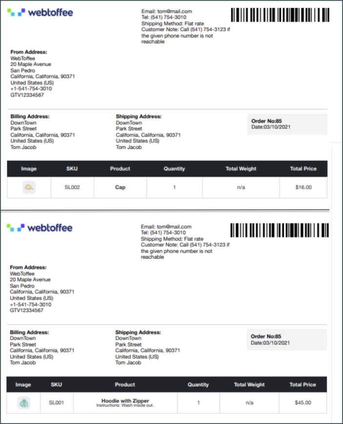 Bulk print packing list