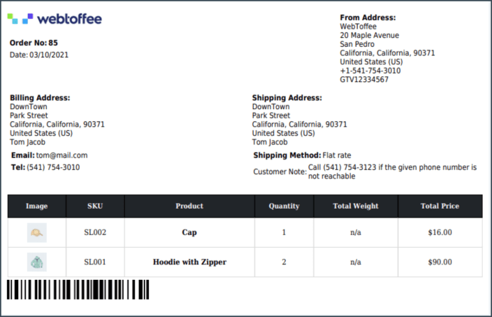 Packing list for single order