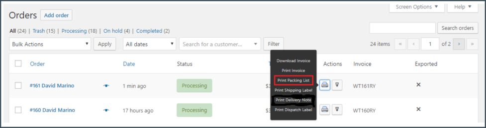 Print packing list order page