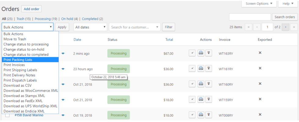Bulk actions dropdown