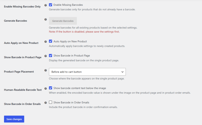 Generate Barcodes Settings