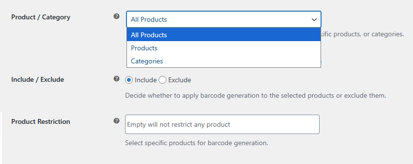 Generate or Restrict Bar and QR Code Generation by Product and Category
