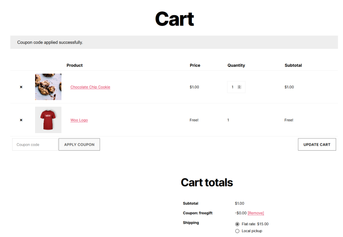 The cart page. A notice shows the coupon was successfully entered. A t-shirt named "Woo Logo" appears in cart and is listed as free.