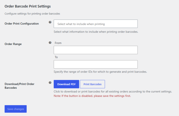 Order Barcode Print Settings