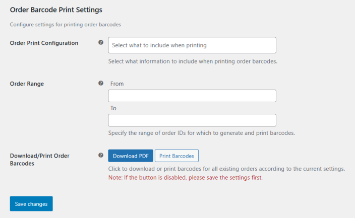 Order Barcode Print Settings