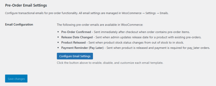 Pre-Order Email Settings