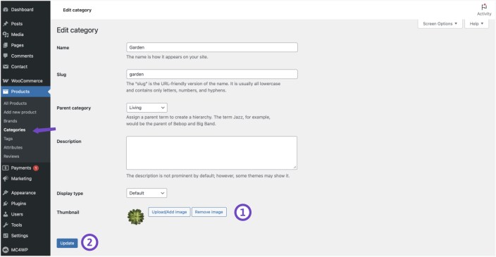 WooCommerce category edit screen showing thumbnail upload option