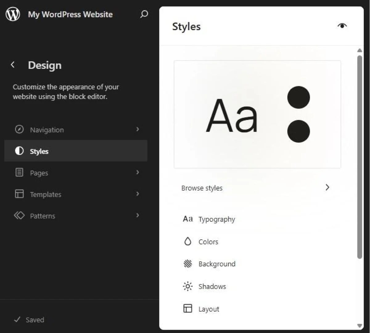 Styles panel in WordPress