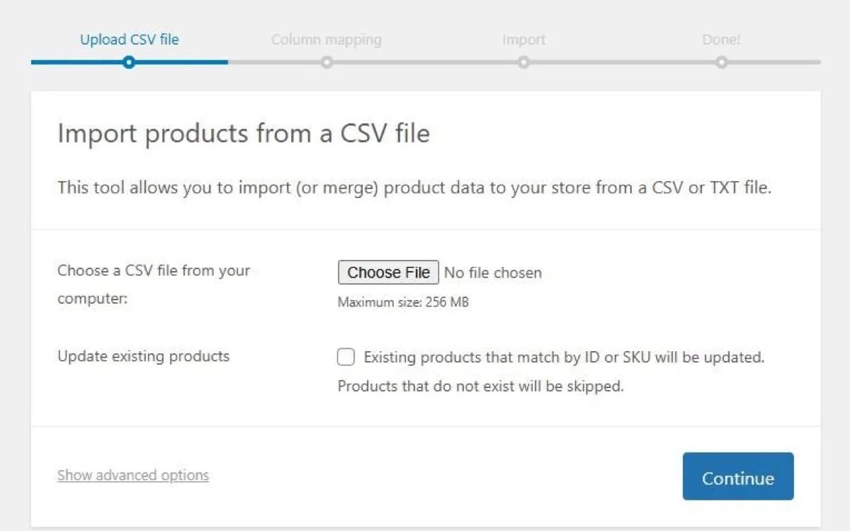option to import products from a CSV file