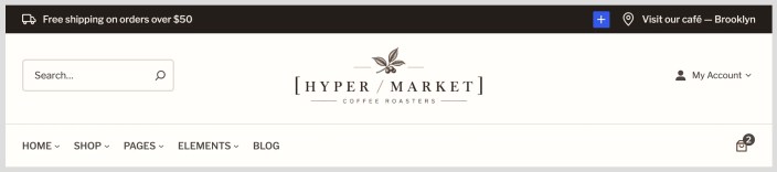 Hypermarket Classic Header with announcement bar, search, centered logo, account, navigation, and mini cart