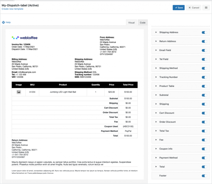 WooCommerce Invoice or packing-Dispatch Label-Customize