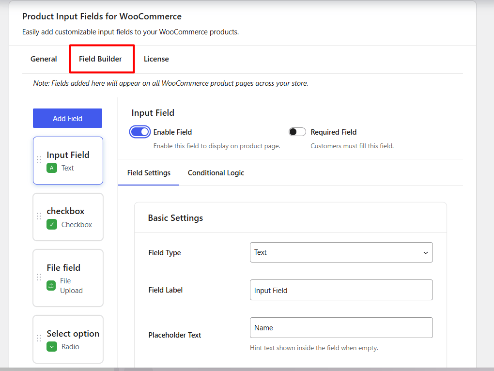 Input Field Help Global Product Input Fields Settings Documentation - WooCommerce