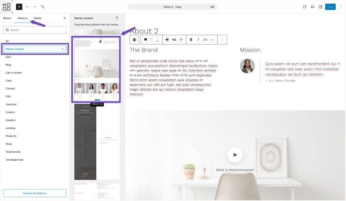 WordPress editor showing Hypermarket Starter content panel with About Us pattern preview applied to a page