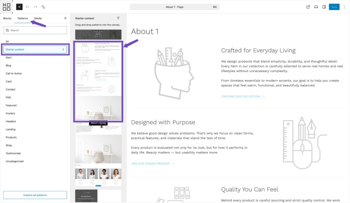 WordPress editor showing Hypermarket Starter content panel with About Zigzag pattern preview applied to a pag