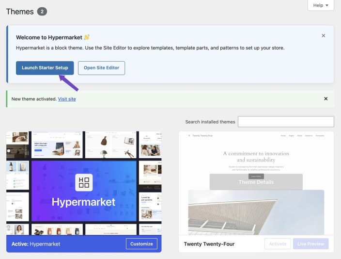 Hypermarket active WordPress theme with Launch Starter Setup option
