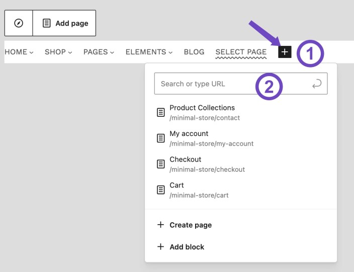 WordPress editor showing how to add a page to the Hypermarket navigation using the plus button and page search