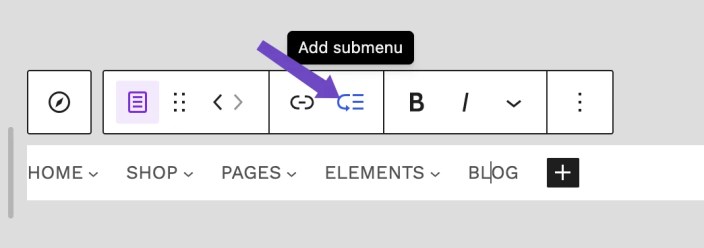 WordPress editor showing the Add submenu control for a navigation menu item in Hypermarket