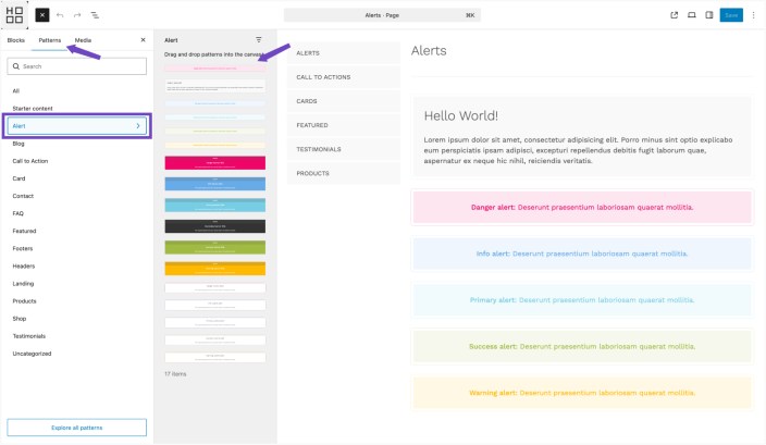 WordPress editor showing Hypermarket Alerts patterns panel with multiple alert styles and a preview applied on the page