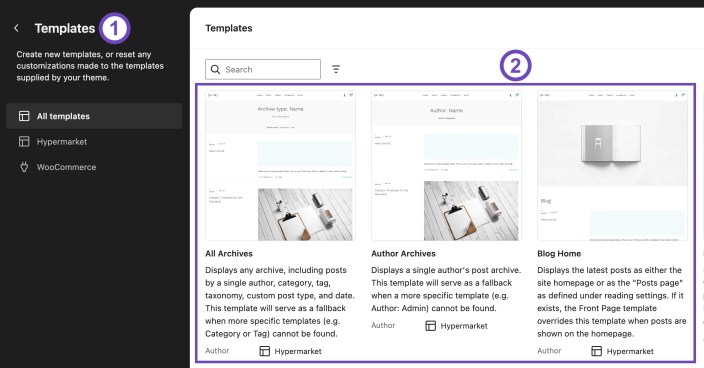 WordPress Site Editor showing Hypermarket archive templates for all archives, author archives, and the blog home