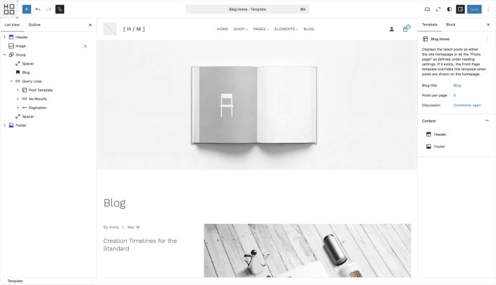 WordPress Site Editor showing Hypermarket blog template with header, query loop, and post layout