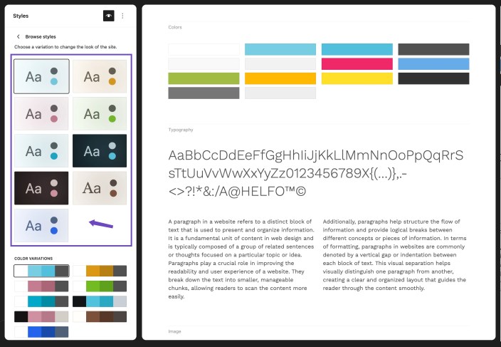 WordPress Site Editor showing Hypermarket style variations and color variations