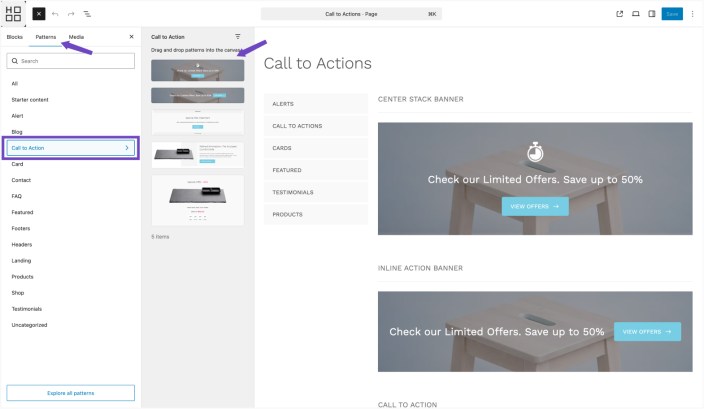 WordPress editor showing Call to Action patterns with preview