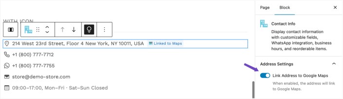 WordPress editor showing Contact Info block with address linked to Google Maps enabled