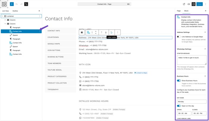 WordPress editor showing Hypermarket Contact Info block with fields and customization options in the sidebar