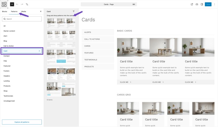 WordPress editor showing Card patterns with preview
