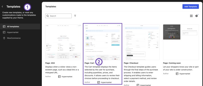 WordPress Site Editor showing the Hypermarket Cart page template