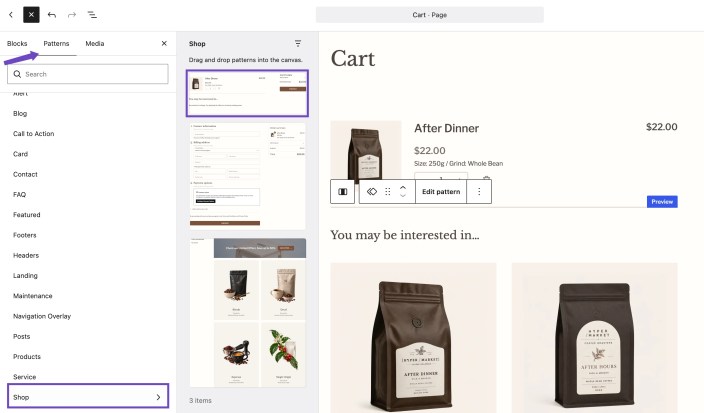 WordPress Site Editor showing the Hypermarket Shop patterns available while editing the Cart page