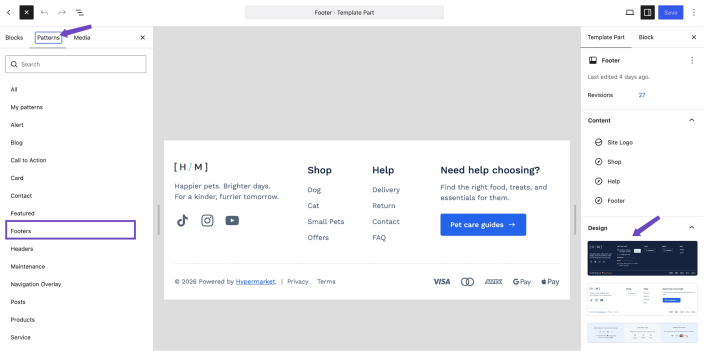 WordPress Site Editor showing Hypermarket footer patterns and design options for replacing the current Footer template part