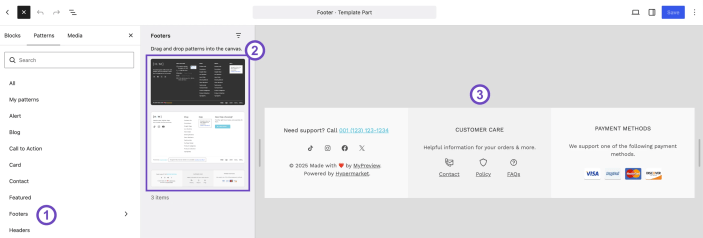 WordPress Site Editor showing Hypermarket footer patterns being used to replace the current footer layout