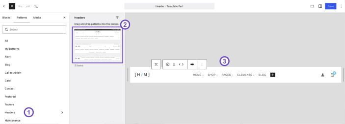 WordPress Site Editor showing Hypermarket header patterns being used to replace the current header layout