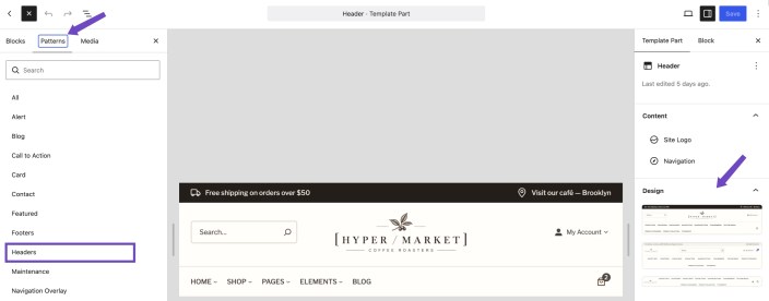 WordPress Site Editor showing the Hypermarket Header template part with available header patterns and design options