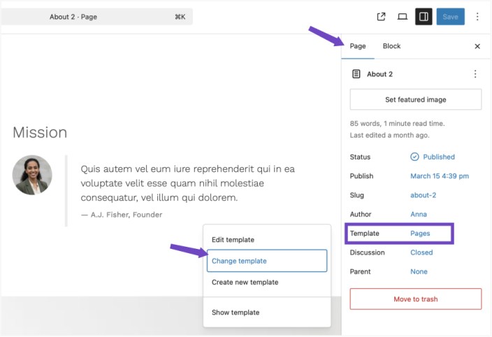 WordPress editor sidebar showing Hypermarket page settings with template selection and “Change template” option